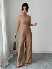 Selianne جمبسوت نسائية ذات خصر عالي بحزام وإبزيم معدني، بدون أكمام وذات كتف واحد، من قماش ناعم، ذات ساق مستقيمة واسعة، ملابس صيفية نسائية، ملابس مكتبية نسائية، ملابس للخروج - قهوة بني - مشاهدة 4