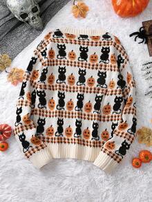 Elamini Women's Halloween Dark Crew Neck Black Cat & Pumpkin Pattern Knitted Sweater Top. Fits For Fall/Winter. Funny And Cozy. - Multicolor - View 2