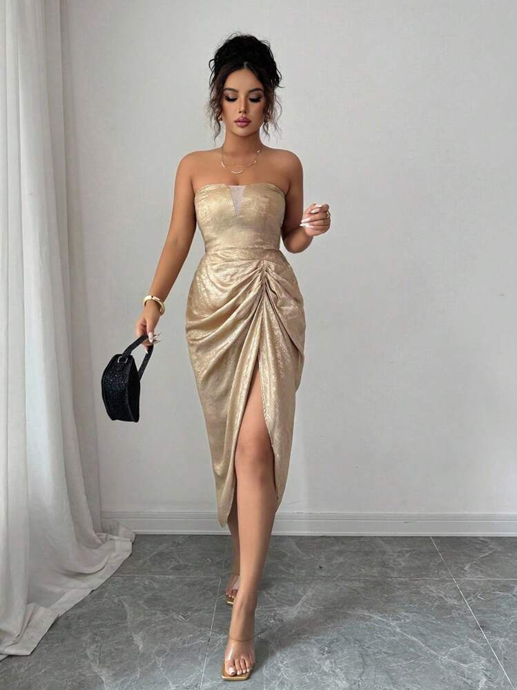 Selianne Halloween Sleeveless Ruched Waist Slit Shiny Fabric Elegant Romantic Sophisticated Women Gold Dress - Gold - View 4