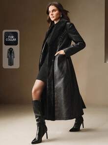 Anewsta جاكيت جلد ناعم أسود مربوط الخصر بياقة فرائية، ملابس خارجية قصيرة عصرية للخريف/الشتاء - الأسود - مشاهدة 1