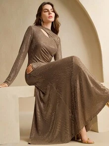 Anewsta New Fashion Rhinestone Pleated Cross Collar Long Sleeve Slim Fit Formal Dress, Suitable For Fall, Spring, Going Out, Elegant, Formal, Party, Chic, New Year, Valentine - Coffee - View 5