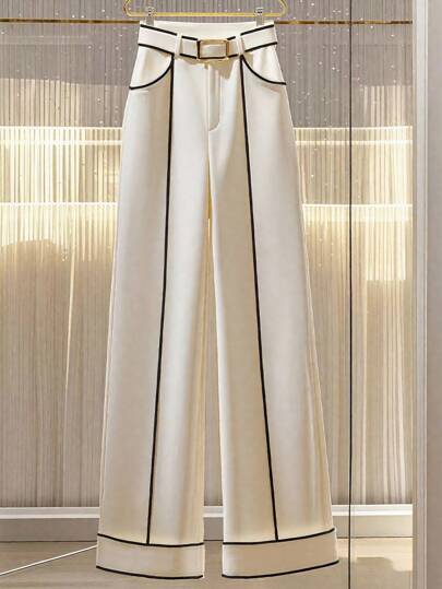 Franclia 女式优雅休闲纯色撞色边金属扣斜口袋阔腿裤