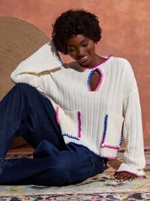 EURMUSE Women Colorful Stitch Pocket And Rib Knit Detailed Sweater,Jumper,Cream Jumper,Jumpers,Black Jumper,Womens Jumper,White Jumper,Women's Jumper,Women's Jumpers,Winter Clothes - White - View 6