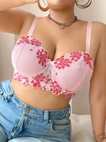SHEIN 1 pieza Sujetador balconette elegante de encaje con aros para tallas grandes, con tirantes desmontables, sujetador de encaje con flores, que levanta - Rosa - Ver 7