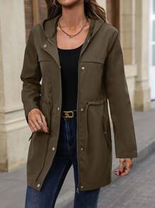 EMERY ROSE Casual Solid Color Drawstring Waist Hooded Jacket, Spring/Autumn Fall Winter Cloth For Women - Mocha Brown - View 5