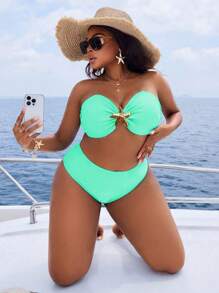 Slaydiva Plus Size Women 2pcs/Set Solid Color Casual Camisole Split Tankini Swimwear For Summer Beach Vacation - Mint Green - View 5
