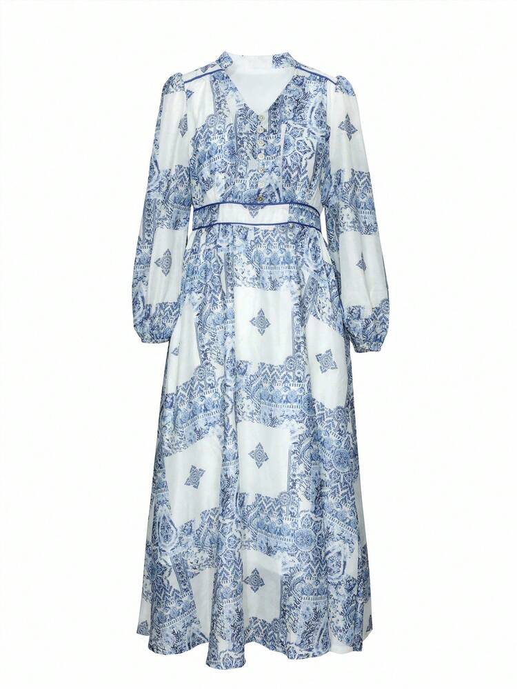 Elegant Floral Print V-Neck Lantern Sleeve Dress For Women, Summer Boho