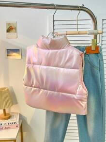 Tween Girl Holographic Zip-Up Puffer Vest Jacket,Pink Autumn Cute School Style,Lightweight Warm Down Material Color-Blocked Dazzling Outerwear - Baby Pink - View 2