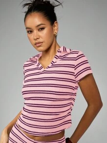 MISSGUIDED 夏季纹理罗纹两件套套装 配套短袖 V 领短款上衣 高腰短裤 节日海滩度假休闲套装 - 粉色 - 查看 4