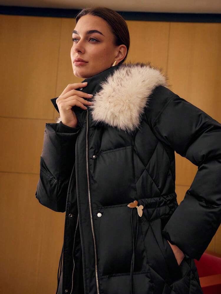 FUZZY TRIM SLANT POCKET ZIP PLACKET LONGLINE WINTER COAT