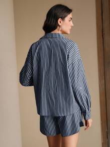 Anewsta Blusa holgada y elegante con incrustaciones de strass y rayas de color contrastante, adecuada para el trabajo - Azul Marino - Ver 7