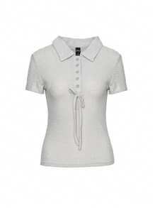 DAZY Summer Fitted Casual Textured Striped Bowknot Strap V-Neck Shirt Style Short Sleeve Blouse For Office Wear - Grey - View 8