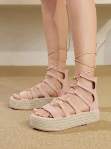 Styleloop 女士坡跟厚底编织凉鞋，波西米亚风格度假装，厚底鞋 - 粉色 - 查看 4