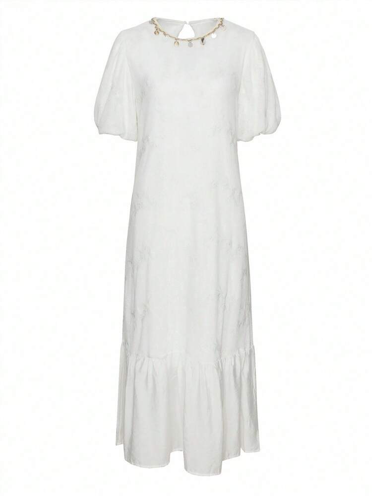 Women's Crew Neck Splicing Textured Puff Sleeve Mid-Calf Dress Summer Women Dresses Maxi Dress