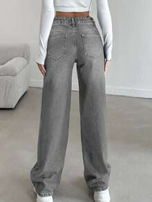 SHEIN Tall 女士休闲时尚百搭简约纽扣牛仔裤，日常穿着 - 灰色 - 查看 2