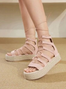 Styleloop 女士坡跟厚底编织凉鞋，波西米亚风格度假装，厚底鞋 - 粉色 - 查看 3