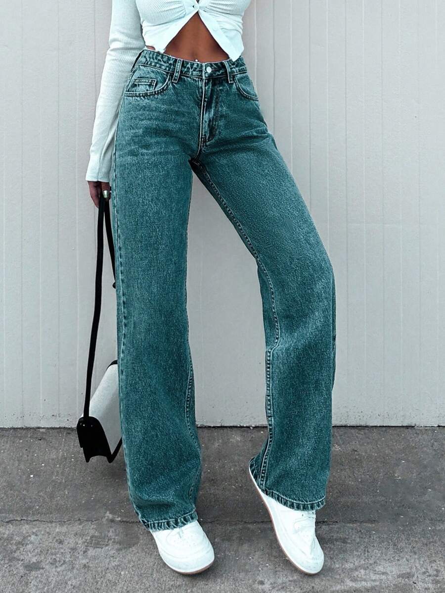EURMUSE Damen Lässig Mode vielseitige einfache gerade Knopfleisten Jeans - Taubenblau - Übersicht 1
