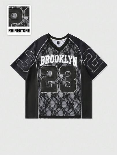 Prep Men's Hollow Floral Patchwork Rhinestone Embellished Short Sleeve T-Shirt, Loose Cropped Style