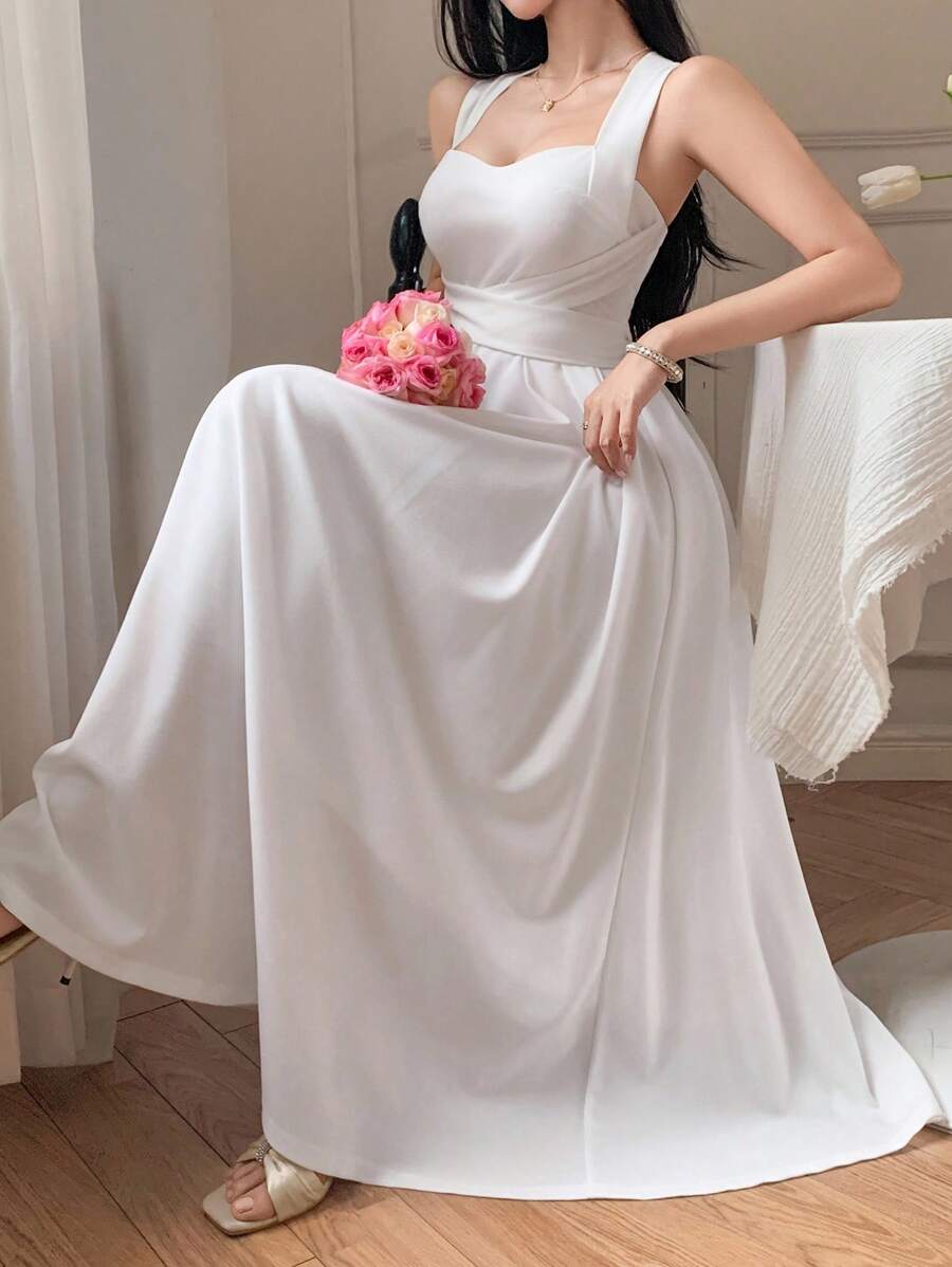 DAZY 优雅无袖系腰中长连衣裙，纯色婚纱礼服，夏季女装 - 白色 - 查看 1