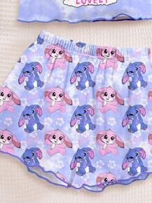 SHEIN 可爱卡通蓝色兔子露露，针迹图案，清新天蓝色扎染，适合夏季的年轻女孩休闲简约吊带背心和短裤睡衣，轻松舒适，休闲装，儿童图案服装，返校 - 彩色 - 查看 4