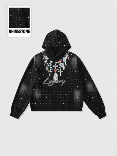 Street Life Men's Sparkling Diamond Washed Print Hoodie, Loose Cropped Style