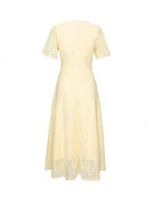 DAZY Elegant Creamy Yellow Lace Collar & Ruffle Sleeve Mid-Length Dress For Women Dress - Light Yellow - View 16