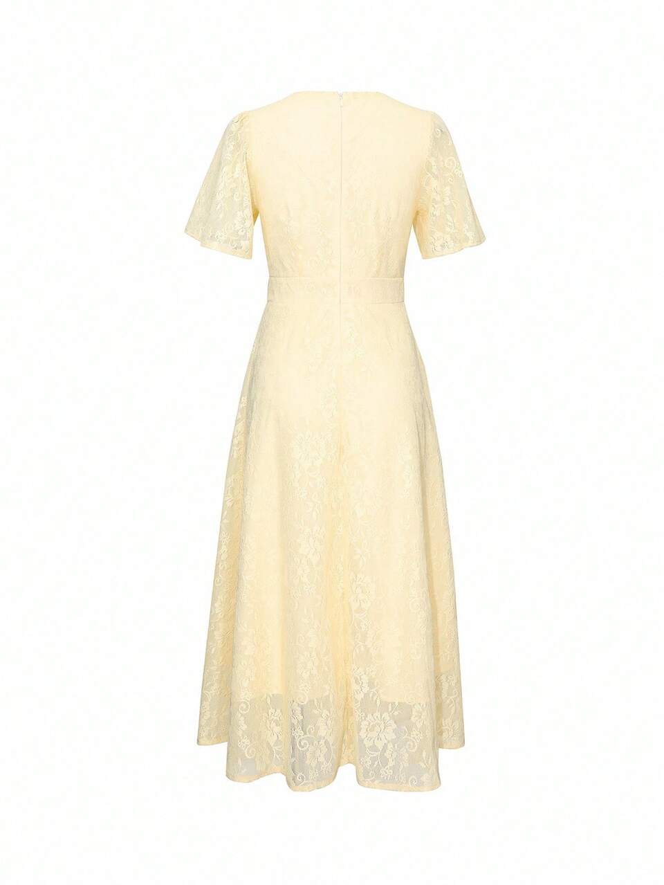 Elegant Creamy Yellow Lace Collar & Ruffle Sleeve Mid-Length Dress For Women Dress