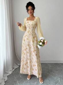 Modelyn Women's Printed Square Neck Long Sleeve Elegant Summer Dress Fall Cloth For Women