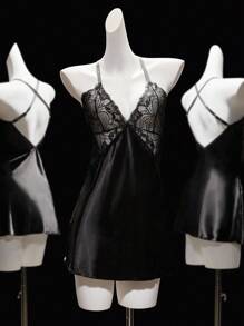 SHEIN Seduluxe 2pcs Lace Patchwork Backless Criss-Cross Faux Silk Sexy Nightgown + G-String Set For Women, Going Out