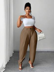 大码时尚褶裥杏色口袋长裤 - 摩卡棕 - 查看 5