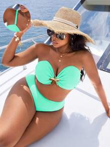 Slaydiva Plus Size Women 2pcs/Set Solid Color Casual Camisole Split Tankini Swimwear For Summer Beach Vacation - Mint Green - View 1