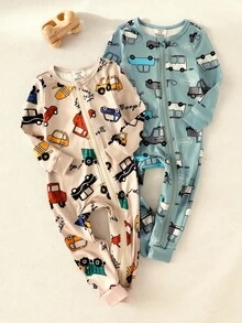 2 件套男婴卡通汽车印花长袖连体衣和裤子套装，适合春秋季的舒适休闲家居服 - 彩色 - 查看 8