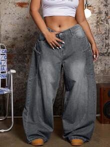EURMUSE 大码宽松休闲时尚百搭阔腿纽扣牛仔裤 - 灰色 - 查看 1