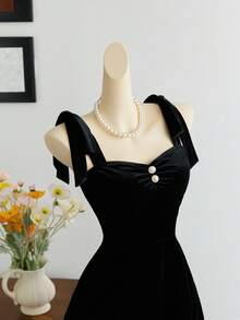 Elamini 复古天鹅绒细肩带 A 字迷你连衣裙 - 黑色 - 查看 5