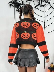 SHEIN Unity Cardigan corto casual da donna in stile urban, con grafica a blocchi di colore a tema Ognissanti con zucche e teschi, adatto per l'autunno - Multicolore - Visualizzare 2