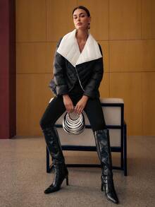 MOTF PREMIUM 对比色瀑布领双排扣门襟系腰带冬季大衣 - 黑色 - 查看 7