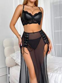 SHEIN Bộ đồ lót gợi cảm 3 món cho nữ: Áo ren & PU chắp vá + Quần lót dây G + Chân váy Maxi xẻ cao, Đi chơi - màu đen - Xem 1