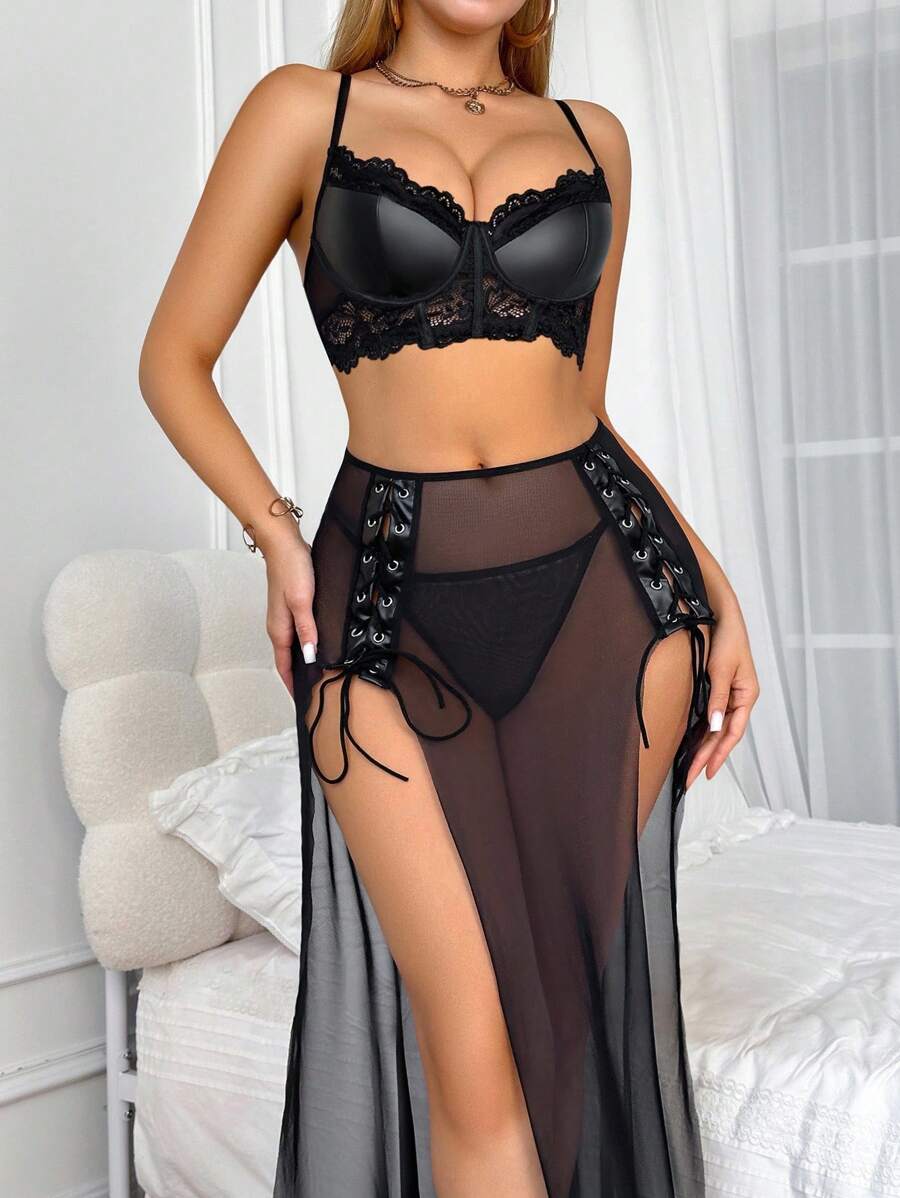 SHEIN Bộ đồ lót gợi cảm 3 món cho nữ: Áo ren & PU chắp vá + Quần lót dây G + Chân váy Maxi xẻ cao, Đi chơi - màu đen - Xem 1