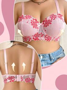 SHEIN 1 pieza Sujetador balconette elegante de encaje con aros para tallas grandes, con tirantes desmontables, sujetador de encaje con flores, que levanta - Rosa - Ver 3