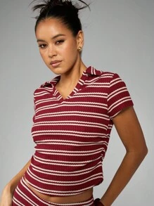 MISSGUIDED Striped Collared Knit Two Piece Shorts Set Vacation Loungewear Retro Style Cropped Top High Waist Bottoms Casual Summer Spring Fall Outfit Christmas - Burgundy - View 4