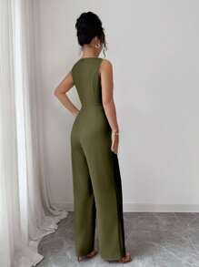 Selianne 法式浪漫一字肩无袖高腰腰带光滑面料金属扣装饰阔腿直筒女连体裤女夏装女办公室服装外出服装 - 軍綠色 - 查看 2