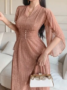 DAZY Solid Color V-Neck Ruffle Sleeve Women's Mid-Length Dress Luxury Prom Dress Sequin Sparkly Dress - Pink - View 4