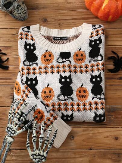 Elamini Women's Halloween Dark Crew Neck Black Cat & Pumpkin Pattern Knitted Sweater Top. Fits For Fall/Winter. Funny And Cozy.