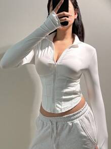 Flirla Women Knitted White Lightweight Jackets With Zipper, Super Soft Fabric, Stand Collar, Long Sleeve, Thumb Hole, Short Style, Suitable For Sport, Yoga, Casual Wear, Beach, Elegant Daily - White - View 3