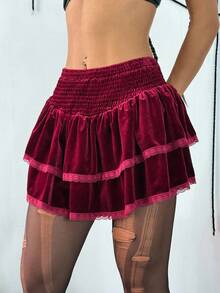 SHEIN Unity Halloween Women's Casual Fashion Burgundy Velvet Ruffle Patchwork Double-Layer Asymmetric Hem Mini Skirt, Autumn - Burgundy - View 3