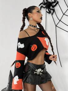 Flirla Halloween Pumpkin & Ghost Pattern Colorblock Women Sweater Fall Winter Cloth For Women - Multicolor - View 4
