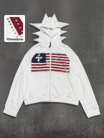 Street Life قبعة رجالية ذات شكل غير متماثل، بلوزة رياضية مطبوعة بالماس اللامع، بتصميم فضفاض قصير، خريف