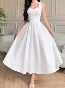 DAZY 优雅无袖系腰中长连衣裙，纯色婚纱礼服，夏季女装 - 白色 - 查看 4