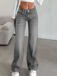 SHEIN Tall 女士休闲时尚百搭简约纽扣牛仔裤，日常穿着 - 灰色 - 查看 6