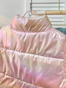 Tween Girl Holographic Zip-Up Puffer Vest Jacket,Pink Autumn Cute School Style,Lightweight Warm Down Material Color-Blocked Dazzling Outerwear - Baby Pink - View 4